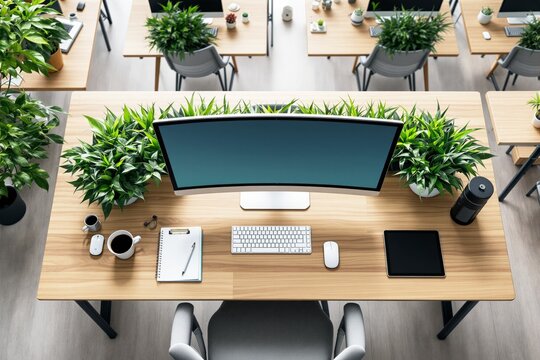 A modern office desk setup with a curved monitor, keyboard, coffee cups, and tablets surrounded by fresh green plants on a wooden background. Concept of productivity. Ai generative - Powered by Adobe