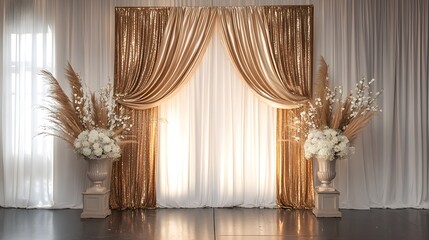 A stylish photo booth backdrop combined with a decorative arch, creating a fun and elegant space for guests to take pictures at an event 