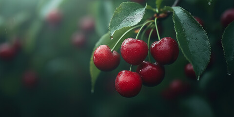 Harvesting juicy red cherries fruit orchard nature photography lush green environment close-up view freshness and growth concept