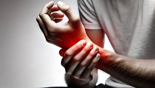 A man holding his wrist, indicating pain or inflammation in the wrist joint.