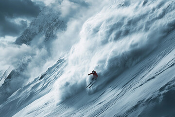Skiing down a snowy mountain slope surrounded by clouds on a clear day in a mountainous region