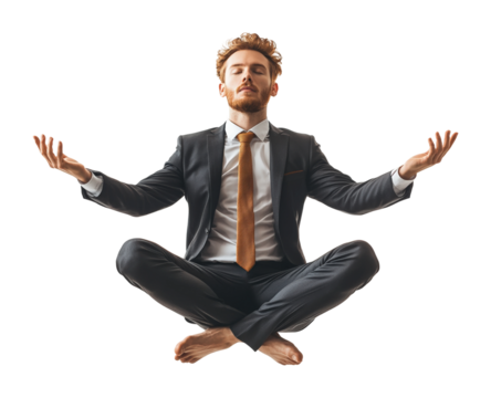 Businessman practicing yoga in the air high fidelity creative concept isolated on transparent background png - Powered by Adobe