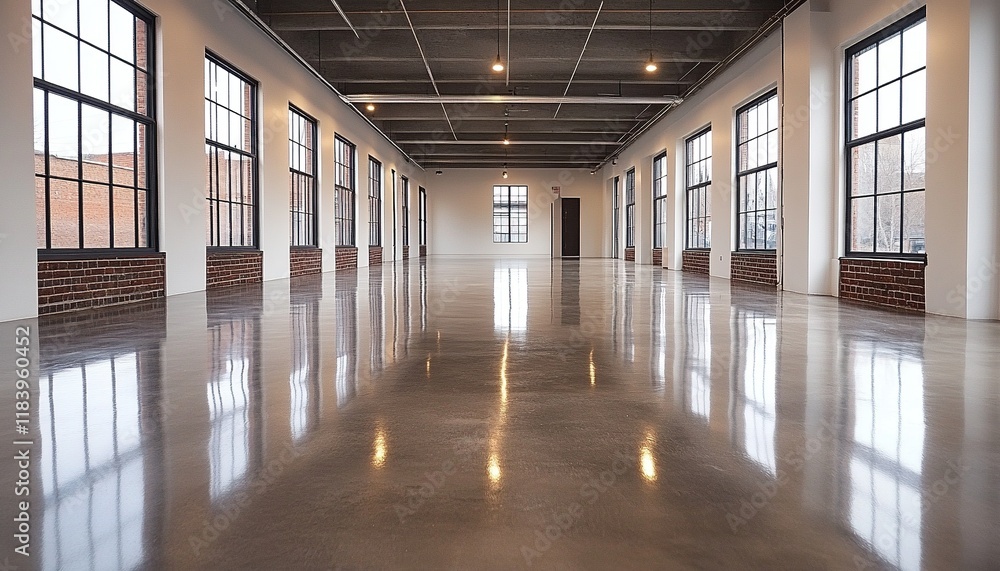 Poster empty polished concrete floor industrial loft event space with windows