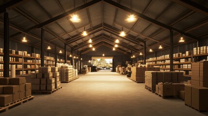 Large warehouse interior with cardboard boxes, shelves, and lighting.