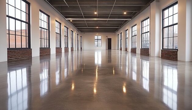 Empty polished concrete floor industrial loft event space with windows