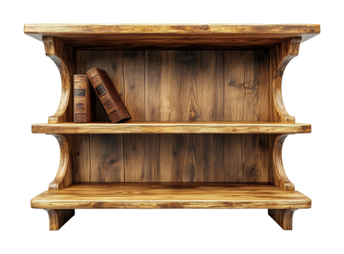 Empty wooden bookshelves with old books minimalist design high fidelity artistic concept isolated on transparent background png