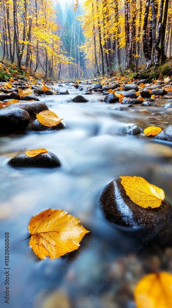 Poster stress reduction methods concept. serene stream surrounded by autumn leaves and colorful trees.
