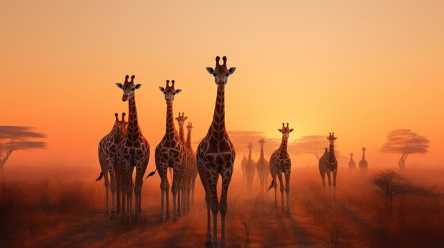 Giraffes in savanna at sunset,