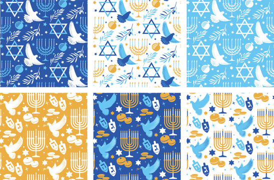 Israel vector seamless pattern bundle, Jewish ornament, Star of David, Jewish holiday symbols, Israeli seamless paper, Hanukkah seamless