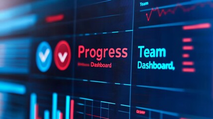 Workplace culture improvement concept. Digital dashboard displaying progress and team metrics in vibrant colors.