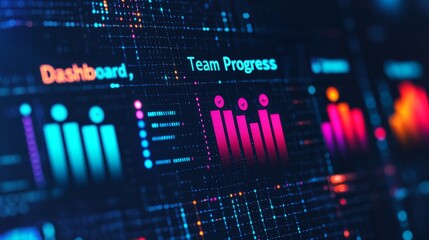 Fototapeta premium Workplace culture improvement concept. Data visualization dashboard with performance metrics and team progress indicators.