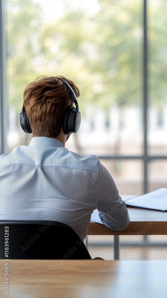 Poster active listening skills concept. person with headphones looking out a window while studying.
