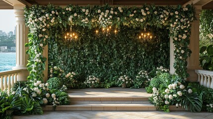 Obraz premium Elegant floral ceremony backdrop overlooking ocean