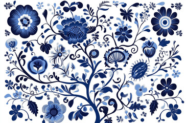 1-Seamless Blue and White Floral Pattern with Roses, Peonies, Lilies, and Intricate Leaves – Elegant Symmetrical Design with Delicate and Monochromatic Details