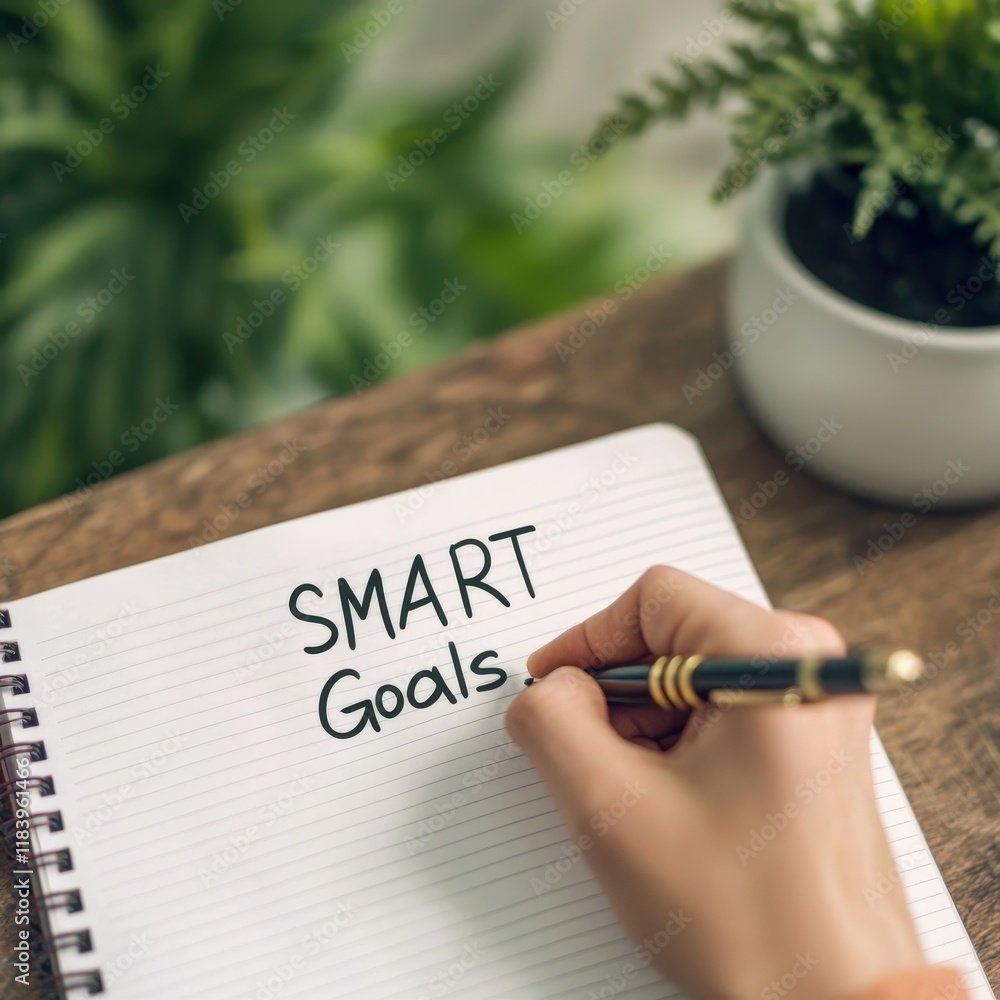 Poster goal setting methods concept. writing smart goals on a notebook with a plant in the background.