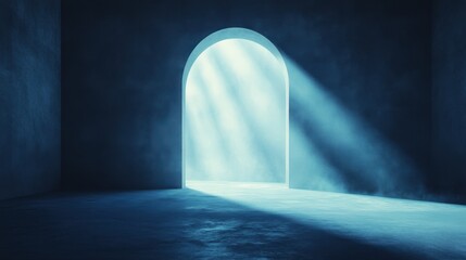 Light streaming arched doorway in dark room