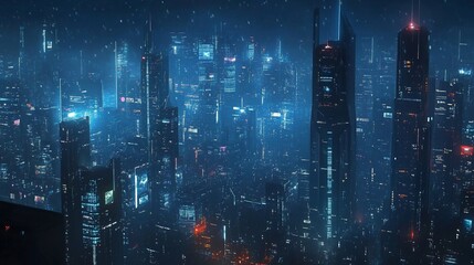 Fototapeta premium A futuristic cityscape illuminated by neon lights in a rainy atmosphere.