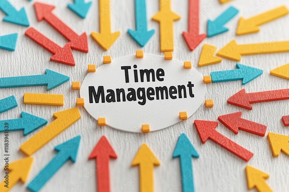 Poster time management tips concept. time management concept with colorful arrows pointing in various direc