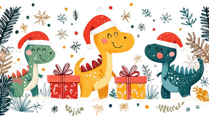 Adorable Dinosaurs Celebrating Christmas: Festive Holiday Illustration