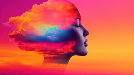Surreal portrait with vibrant sunset cloud overlay
