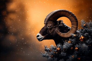 Obraz premium Majestic bighorn ram silhouetted against a golden sunset its curved horns framing a scene of snow dusted evergreen boughs adorned with shimmering ornaments and garlands