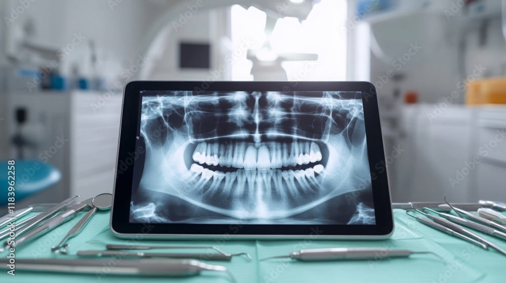 Poster a digital x-ray showcasing a patient's dental structure is displayed on a tablet placed on a medical