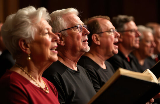elderly women and men church choir singing in cathedral