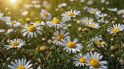 Fototapeta premium Chamomile flowers field A beautiful natural scene