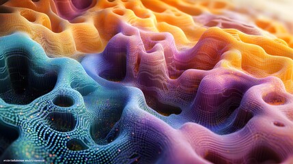 A captivating 3D illustration depicting big data analysis, featuring dynamic streams of data points flowing through a digital landscape; the vibrant colors and intricate patterns represent the 