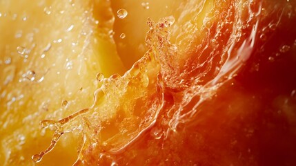 A close-up of a juicy apple as teeth sink into its crisp flesh, with fresh juice trickling down the side; the vibrant colors and textures capture a refreshing, mouthwatering moment 