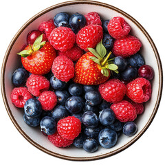 Obraz premium Vibrant Bowl of Mixed Berries, strawberries, blueberries, raspberries, fresh, colorful, white background, appealing, healthy snack option