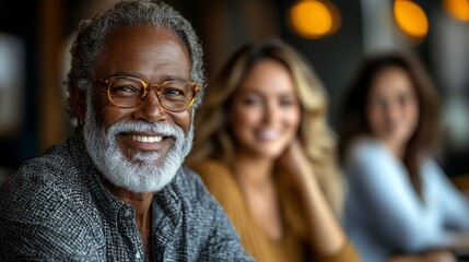 Obraz premium Smiling senior man cafe, women background, meeting