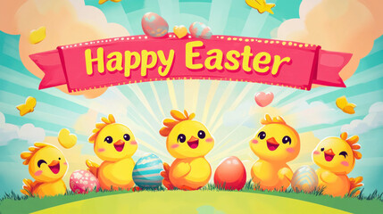 Fototapeta premium Five cute cartoon chicks celebrating happy easter with colorful eggs