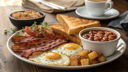A hearty and satisfying breakfast platter featuring eggs, bacon, and toast.