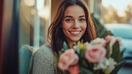A charming brunette smiling as she opens her apartment door to greet a surprised guest holding flowers.
