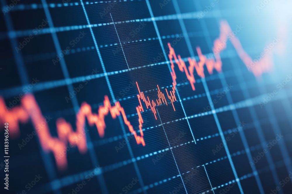 Poster interest rate cuts concept. stock market graph with fluctuating red line on a grid background.