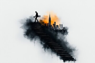 Silhouetted professional climbing imposing city stairs with important files in hand against a dramatic New York skyline in the distance under moody atmospheric lighting with a charcoal sketch