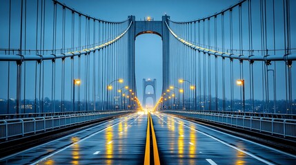 Rainy dawn, suspension bridge, city lights, highway