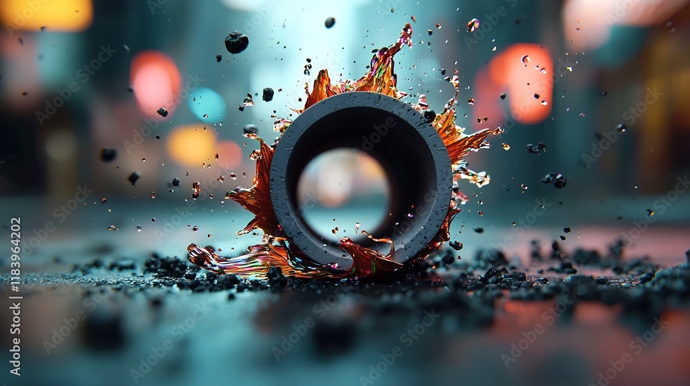 Poster captivating holographic explosion of vibrant prismatic liquids in a futuristic neon drenched urban c