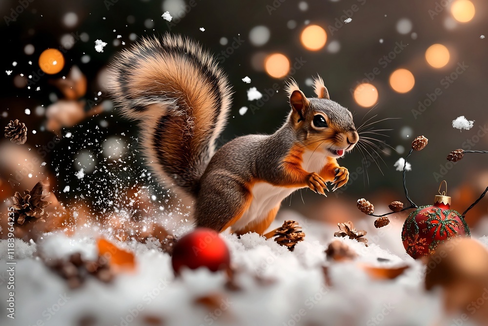 Poster a playful squirrel dashing through a festive yard blanketed in snow its bushy tail in motion surroun