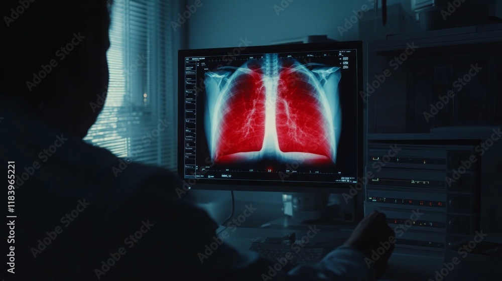 Leinwandbilder a medical professional is focused on analyzing an x-ray image of human lungs displayed on a computer