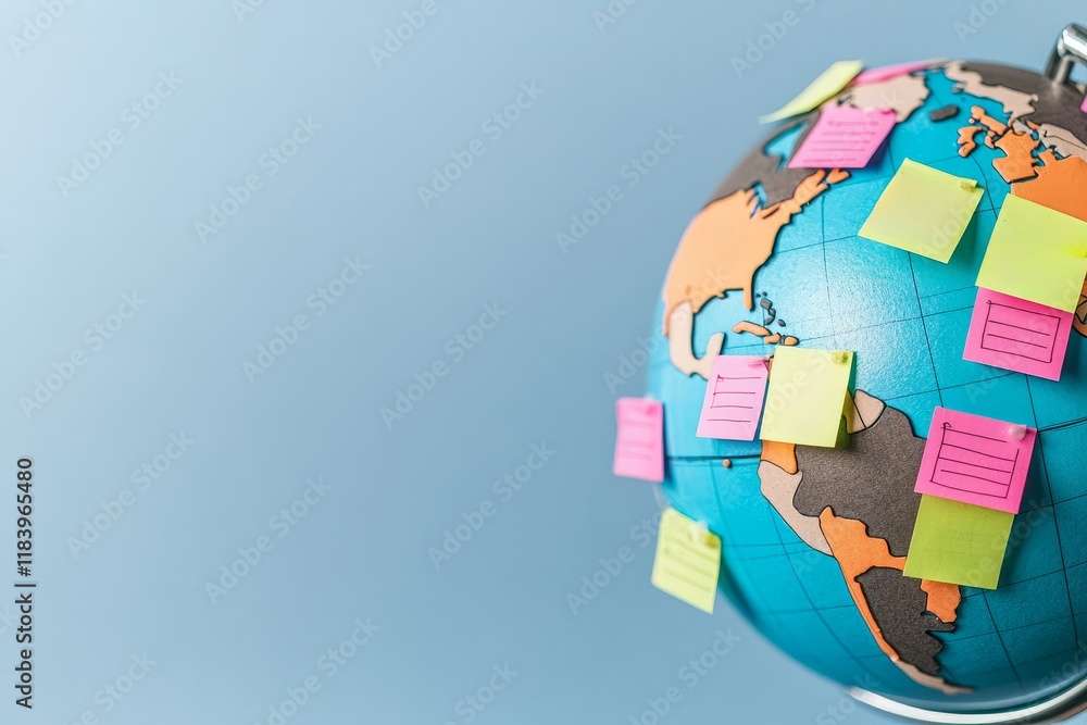 Poster goal setting methods concept. a globe covered in colorful sticky notes against a blue background.