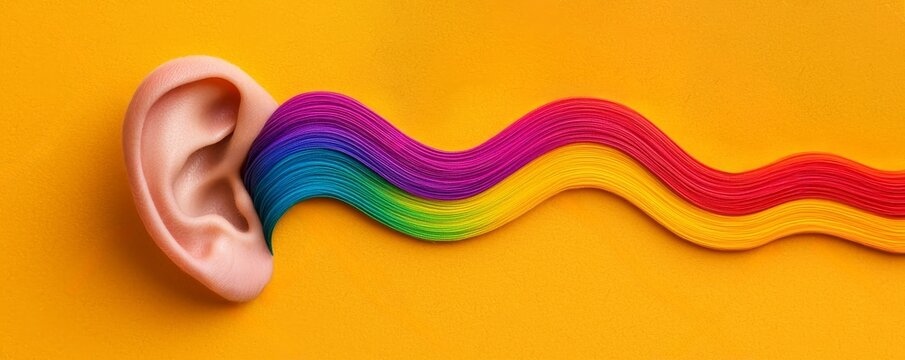 Active listening skills concept. Colorful sound waves emerge from a human ear on an orange background.