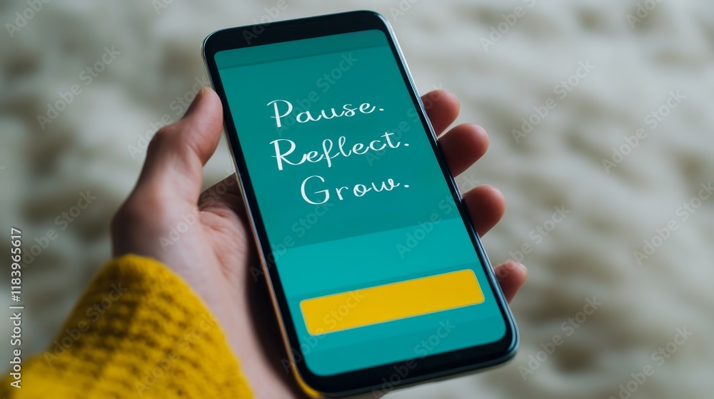 Poster self-awareness practices concept. smartphone displaying text on a colorful background in a cozy sett