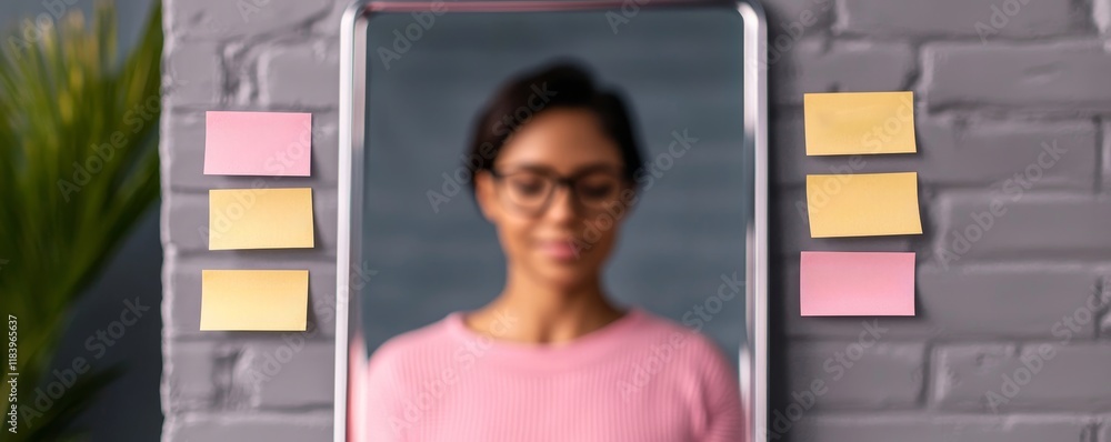 Poster self-awareness practices concept. person gazing into a mirror surrounded by sticky notes on a brick 