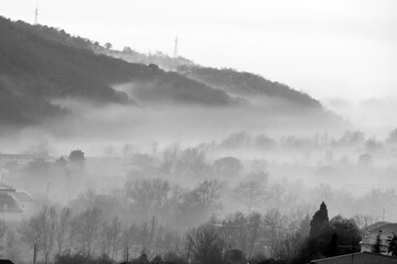landscape with fog in black and white