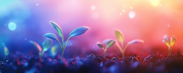 New Life Emerges: Seedlings Sprout in Vibrant Colors, Nature's Rebirth Under Illuminated Skies