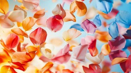 A cascade of vibrant petals swirls through the air, reflecting a brilliant mix of colors under soft sunlight. This enchanting display captures the essence of nature's artistry in motion