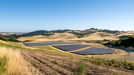 Fototapeta premium A dynamic image of a solar farm with rows of solar panels reflecting sunlight, set against a backdrop of rolling hills and a clear blue sky. The scene conveys the concept of net-zero energy 