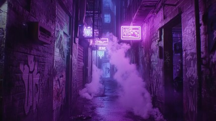 Smoky purple neon alleyway.